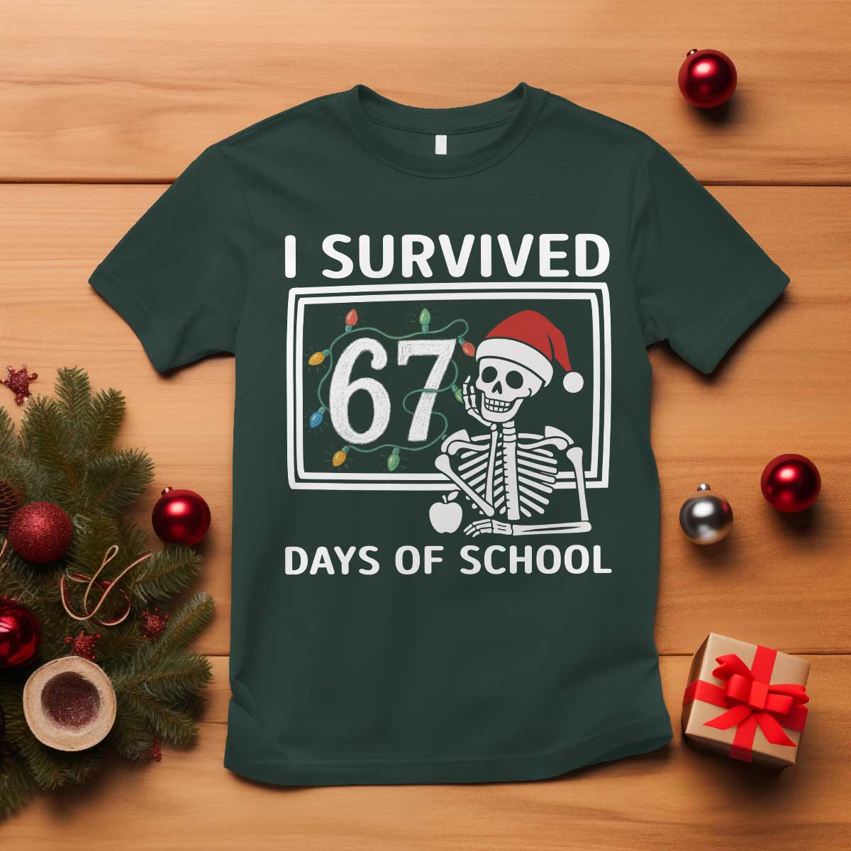 I Survived 67 Days Of School Skeleton T Shirt Funny Christmas Six Seven Meme - Wonder Print Shop