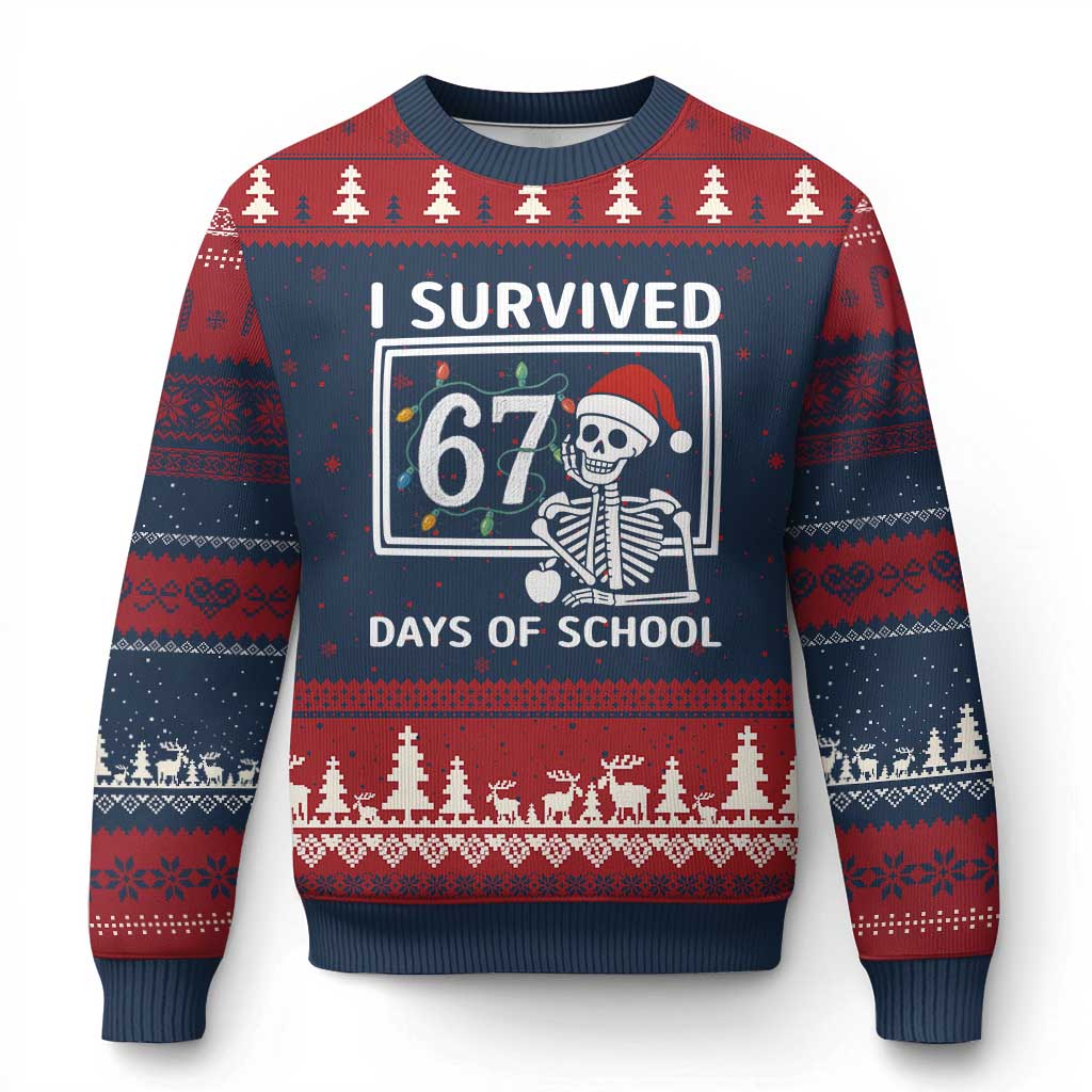 I Survived 67 Days Of School Skeleton Ugly Christmas Sweater Funny Xmas Six Seven Meme - Wonder Print Shop