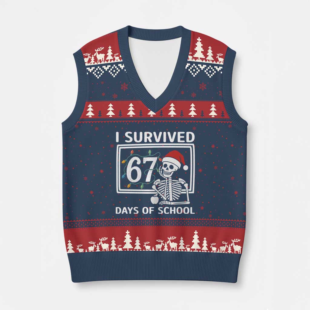 I Survived 67 Days Of School Skeleton V-Neck Knit Sweater Vest Funny Xmas Six Seven Meme - Wonder Print Shop