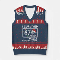 I Survived 67 Days Of School Skeleton V-Neck Knit Sweater Vest Funny Xmas Six Seven Meme - Wonder Print Shop