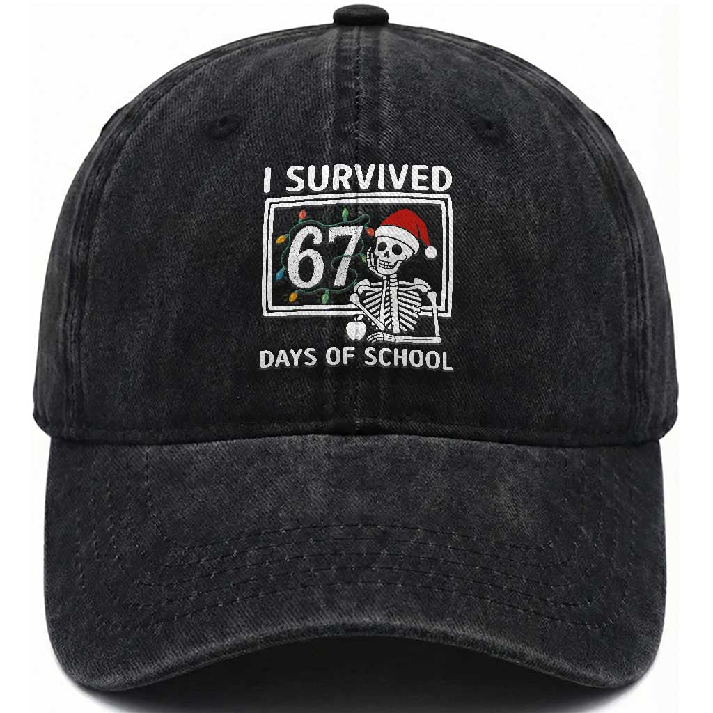 I Survived 67 Days Of School Skeleton Washed Cotton Baseball Cap Funny Christmas Six Seven Meme