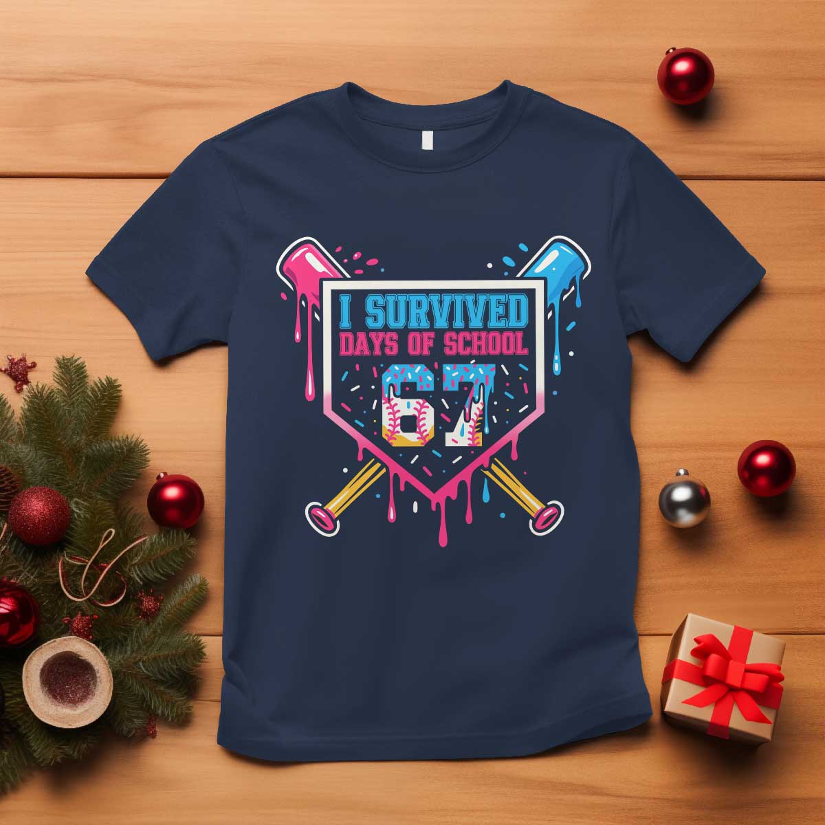 I Survived 67 Days Of School Baseball Ice Cream T Shirt Funny Christmas Six Seven Meme - Wonder Print Shop