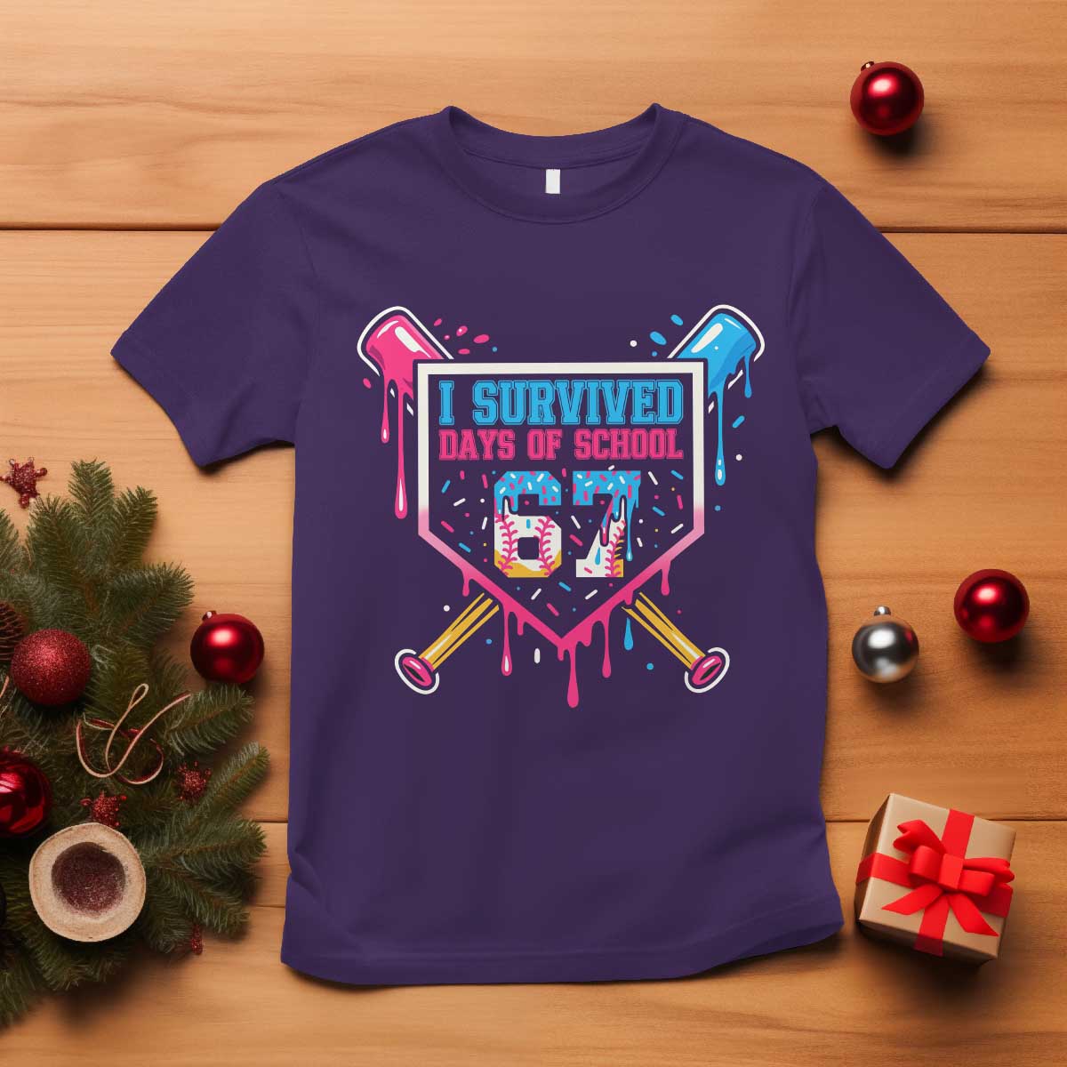 I Survived 67 Days Of School Baseball Ice Cream T Shirt Funny Christmas Six Seven Meme - Wonder Print Shop