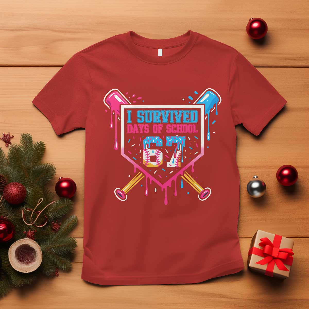 I Survived 67 Days Of School Baseball Ice Cream T Shirt Funny Christmas Six Seven Meme - Wonder Print Shop
