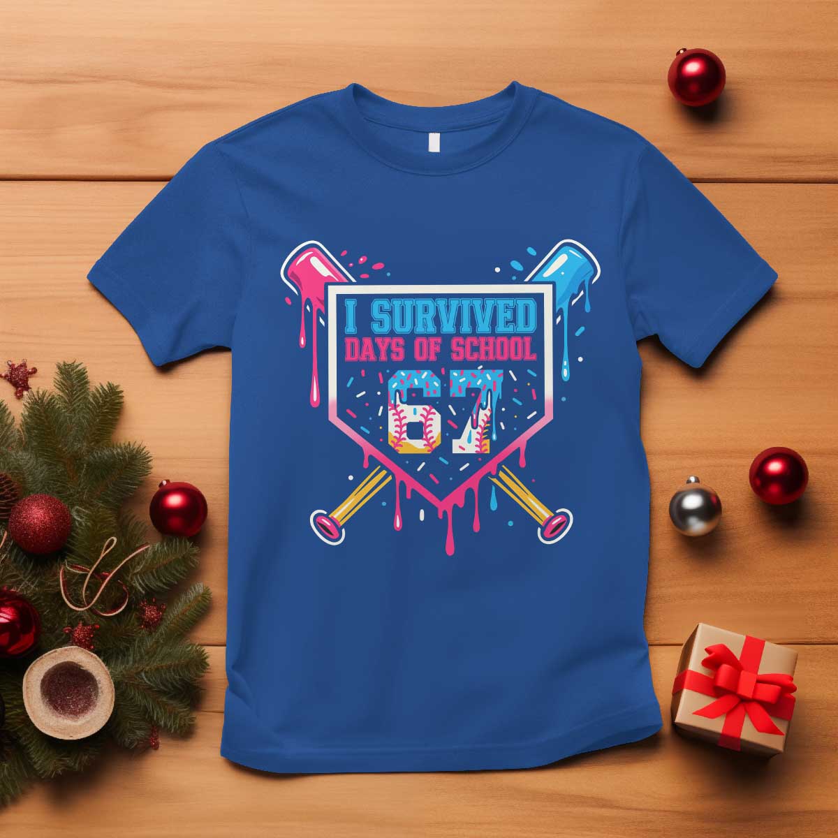 I Survived 67 Days Of School Baseball Ice Cream T Shirt Funny Christmas Six Seven Meme - Wonder Print Shop