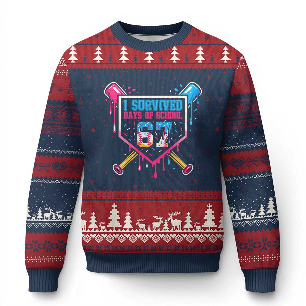 I Survived 67 Days Of School Baseball Ice Cream Ugly Christmas Sweater Funny Xmas Six Seven Meme - Wonder Print Shop