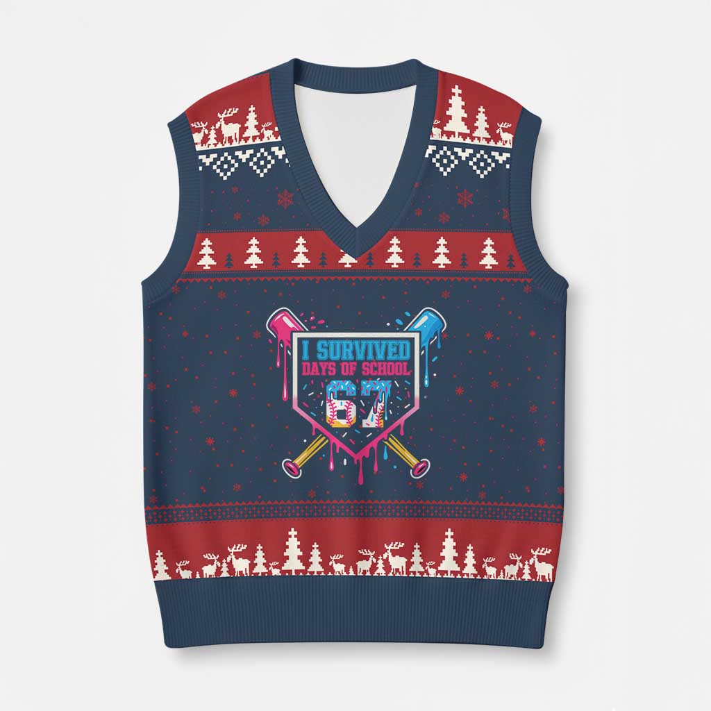 I Survived 67 Days Of School Baseball Ice Cream V-Neck Knit Sweater Vest Funny Xmas Six Seven Meme - Wonder Print Shop