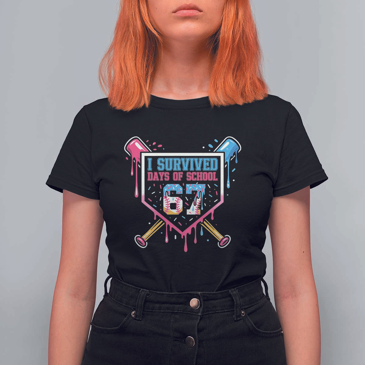 I Survived 67 Days Of School Baseball Ice Cream T Shirt For Women Funny Christmas Six Seven Meme - Wonder Print Shop