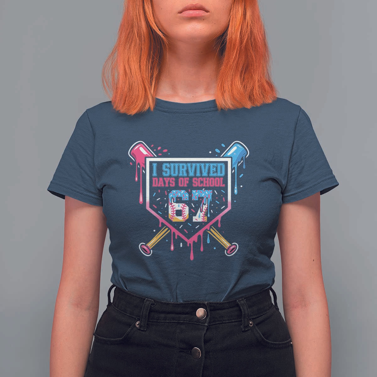 I Survived 67 Days Of School Baseball Ice Cream T Shirt For Women Funny Christmas Six Seven Meme - Wonder Print Shop