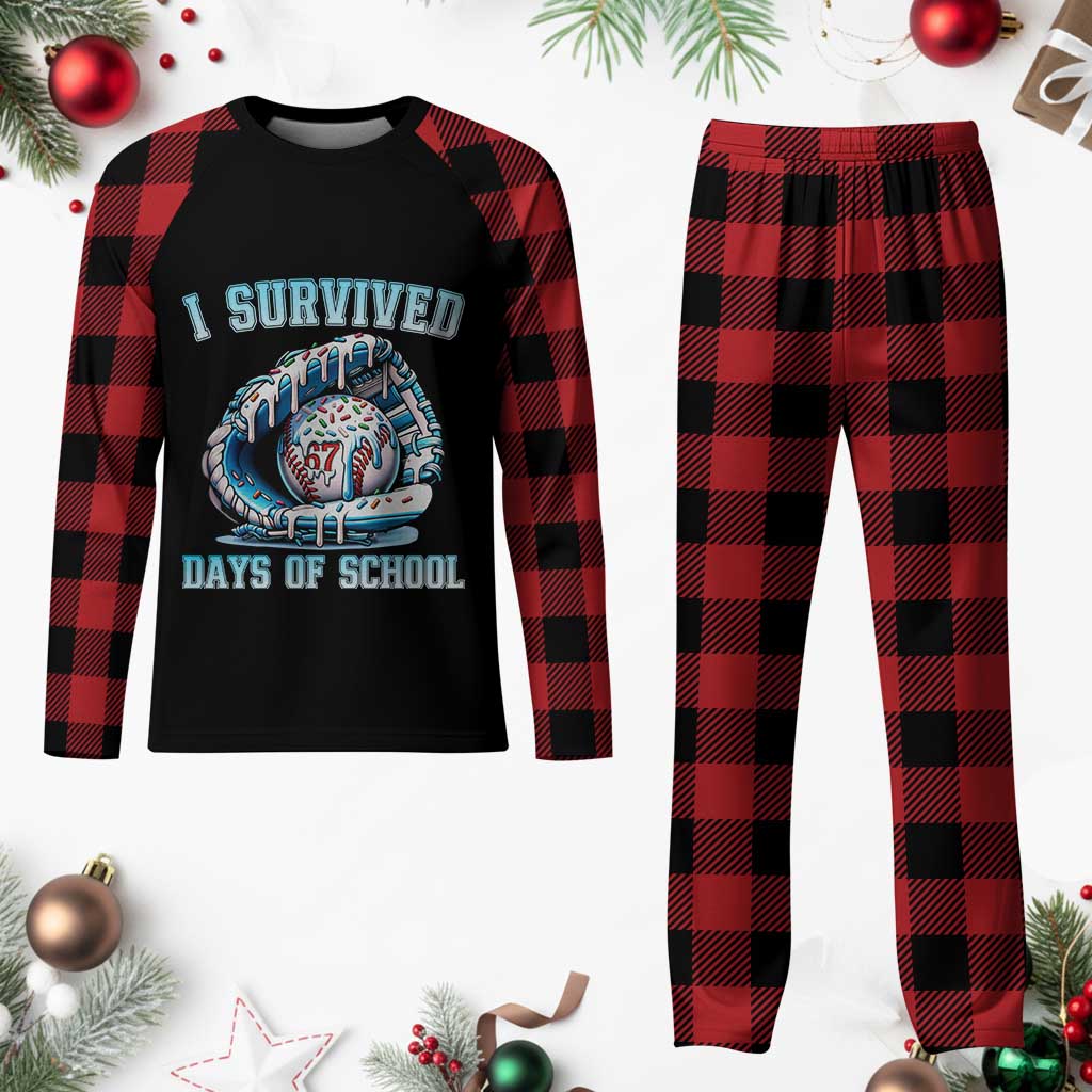 I Survived 67 Days Of School Baseball Glove Ice Cream Plaid Pajama Set Funny Christmas Six Seven Meme - Wonder Print Shop