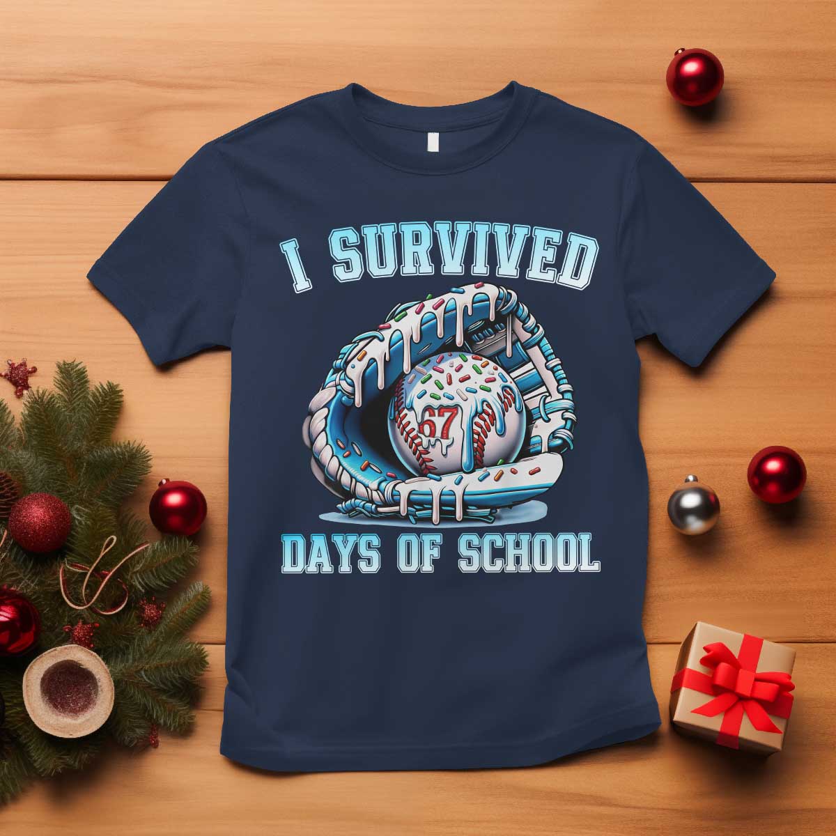 I Survived 67 Days Of School Baseball Glove Ice Cream T Shirt Funny Christmas Six Seven Meme - Wonder Print Shop