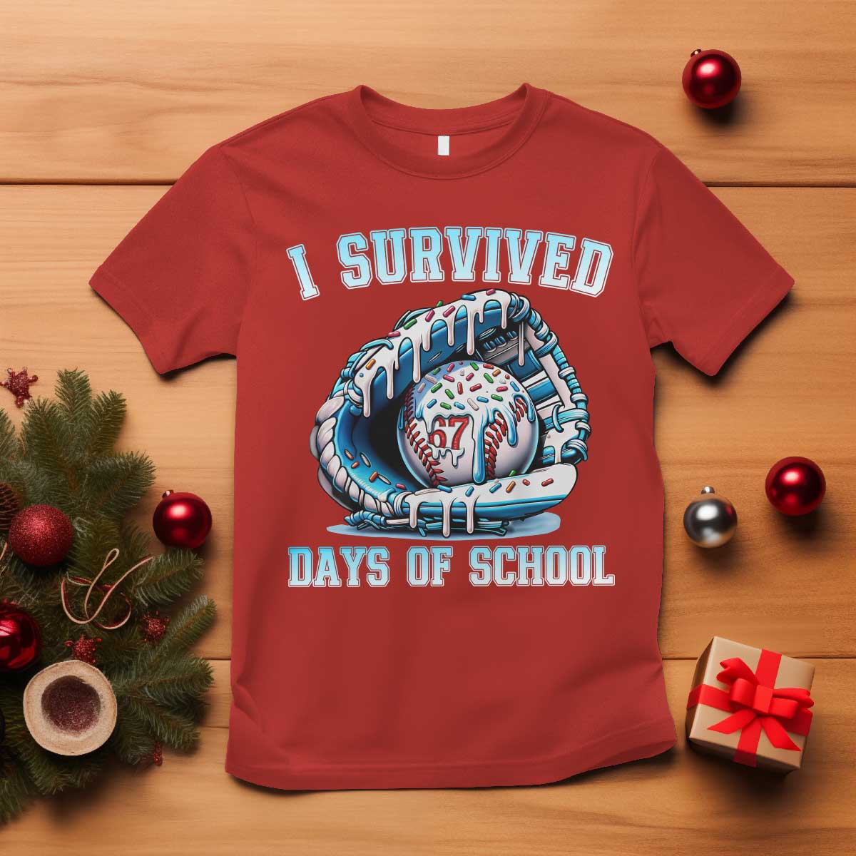I Survived 67 Days Of School Baseball Glove Ice Cream T Shirt Funny Christmas Six Seven Meme - Wonder Print Shop