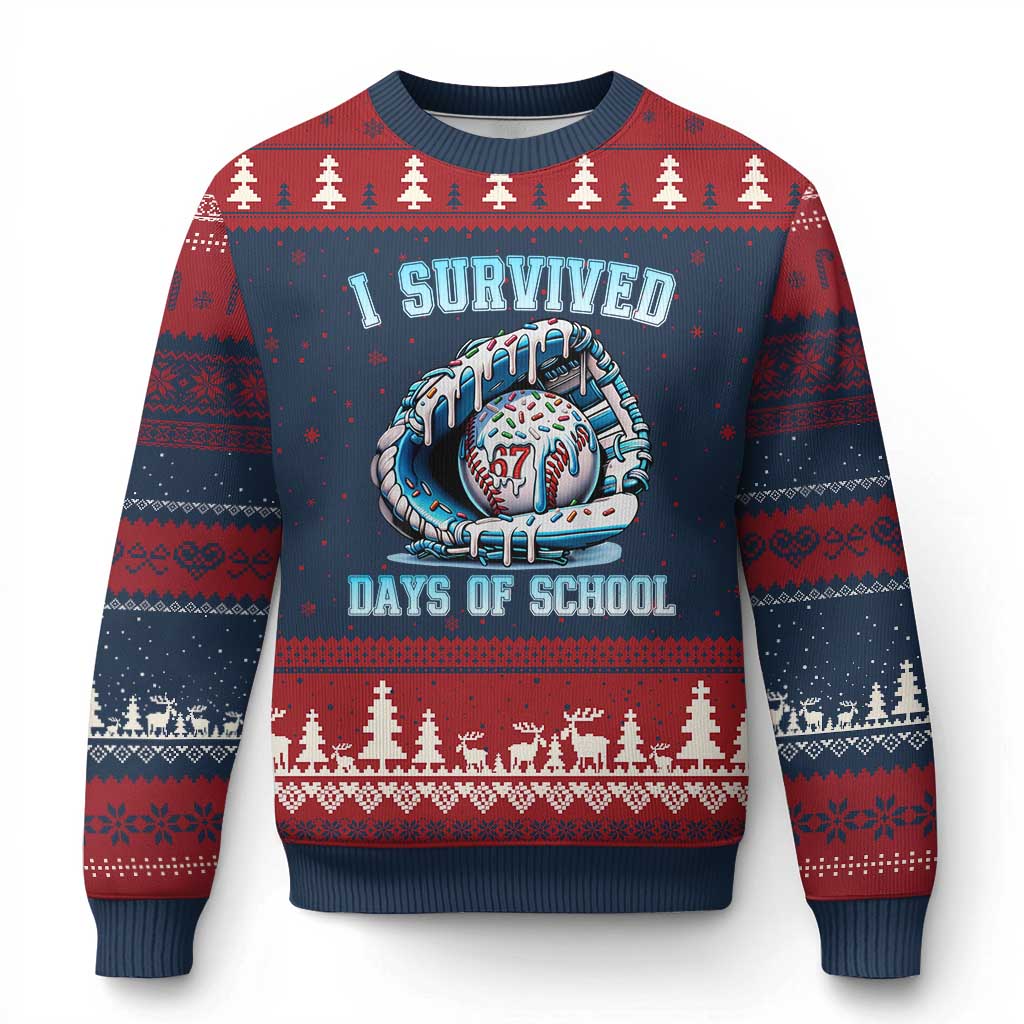 I Survived 67 Days Of School Baseball Glove Ice Cream Ugly Christmas Sweater Funny Xmas Six Seven Meme - Wonder Print Shop