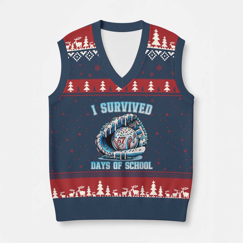 I Survived 67 Days Of School Baseball Glove Ice Cream V-Neck Knit Sweater Vest Funny Xmas Six Seven Meme - Wonder Print Shop