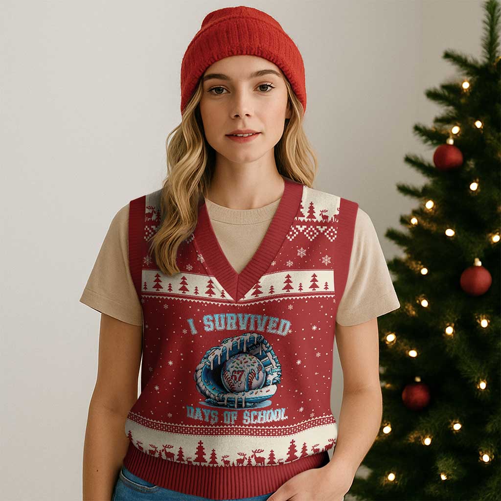 I Survived 67 Days Of School Baseball Glove Ice Cream V-Neck Knit Sweater Vest Funny Xmas Six Seven Meme - Wonder Print Shop
