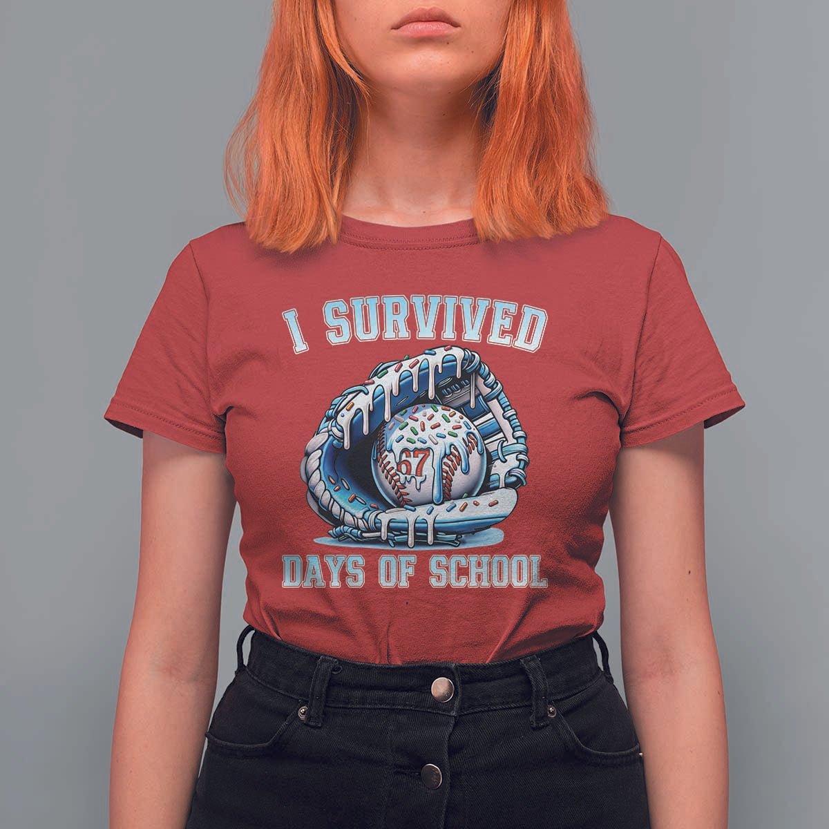 I Survived 67 Days Of School Baseball Glove Ice Cream T Shirt For Women Funny Christmas Six Seven Meme - Wonder Print Shop