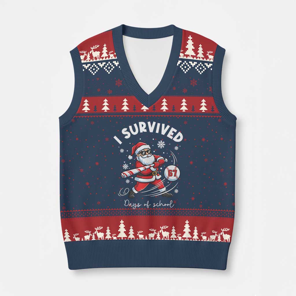 I Survived 67 Days Of School Baseball Santa V-Neck Knit Sweater Vest Funny Xmas Six Seven Meme - Wonder Print Shop