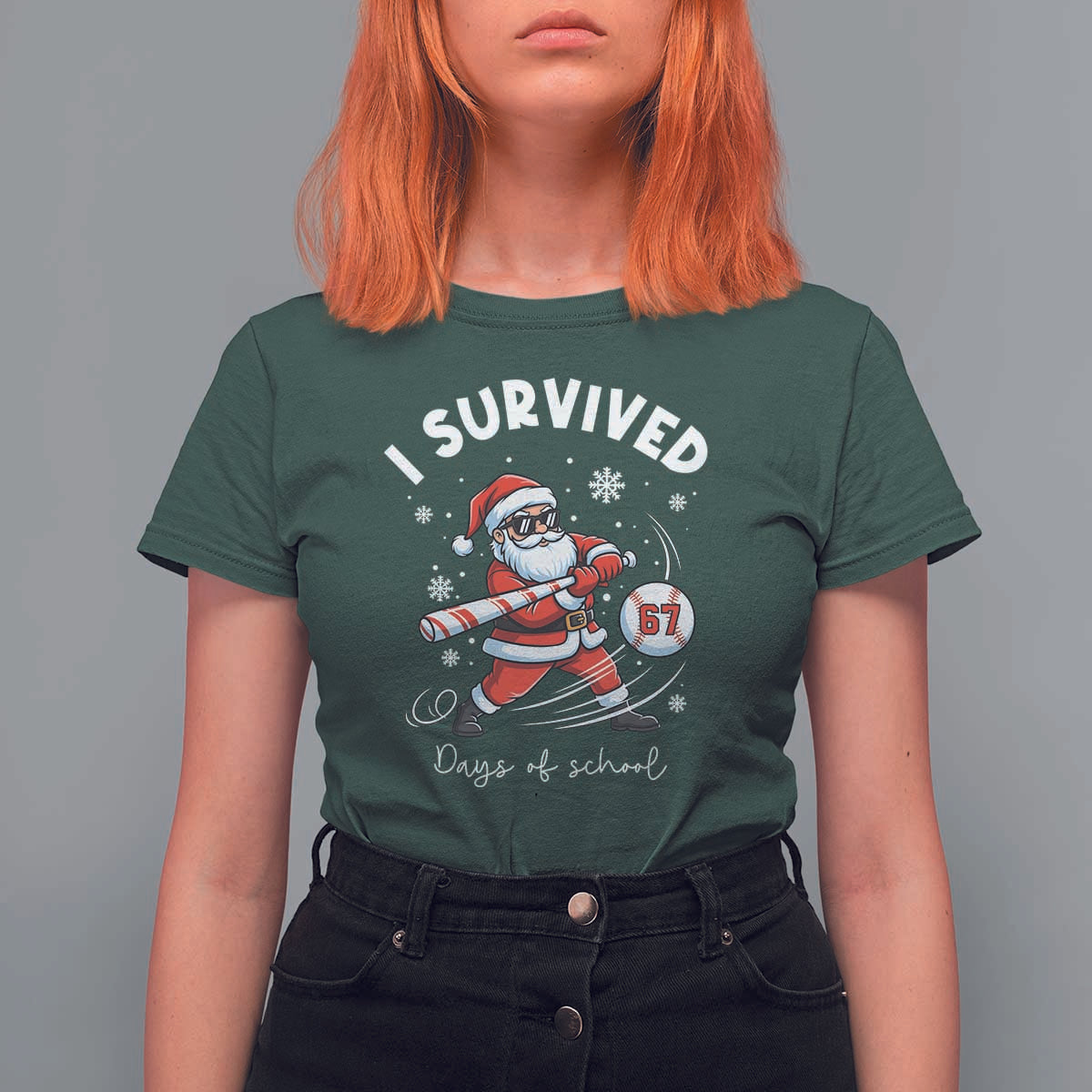 I Survived 67 Days Of School Baseball Santa T Shirt For Women Funny Christmas Six Seven Meme - Wonder Print Shop
