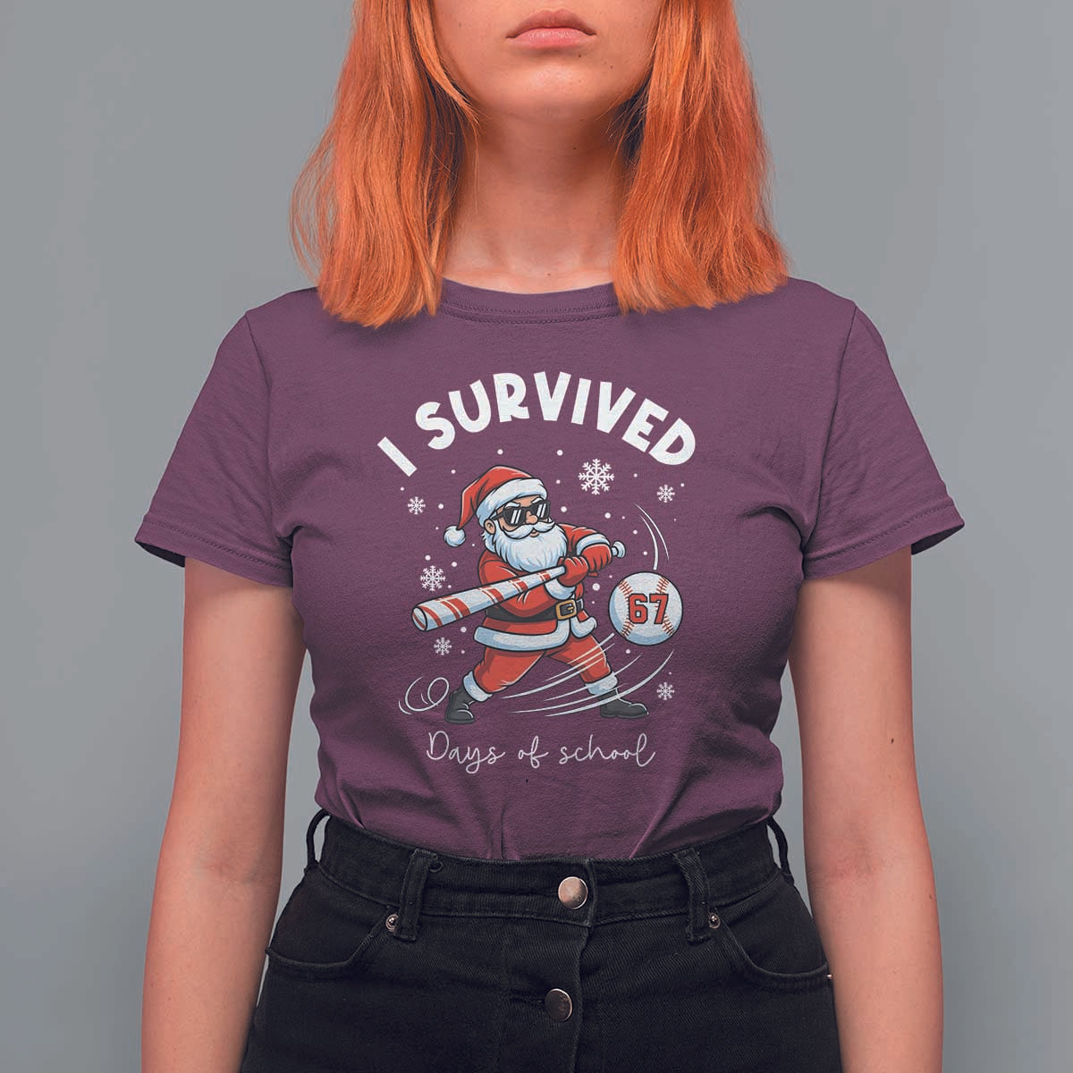 I Survived 67 Days Of School Baseball Santa T Shirt For Women Funny Christmas Six Seven Meme - Wonder Print Shop