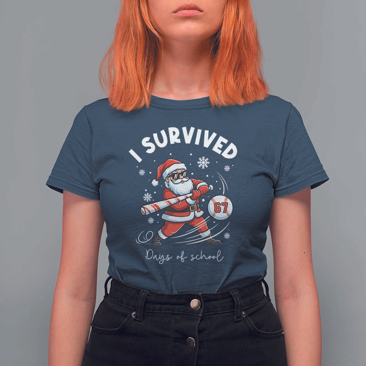 I Survived 67 Days Of School Baseball Santa T Shirt For Women Funny Christmas Six Seven Meme - Wonder Print Shop