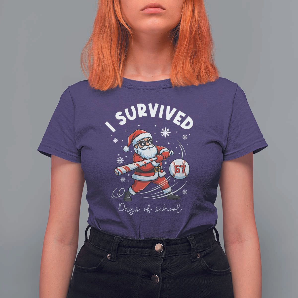 I Survived 67 Days Of School Baseball Santa T Shirt For Women Funny Christmas Six Seven Meme - Wonder Print Shop