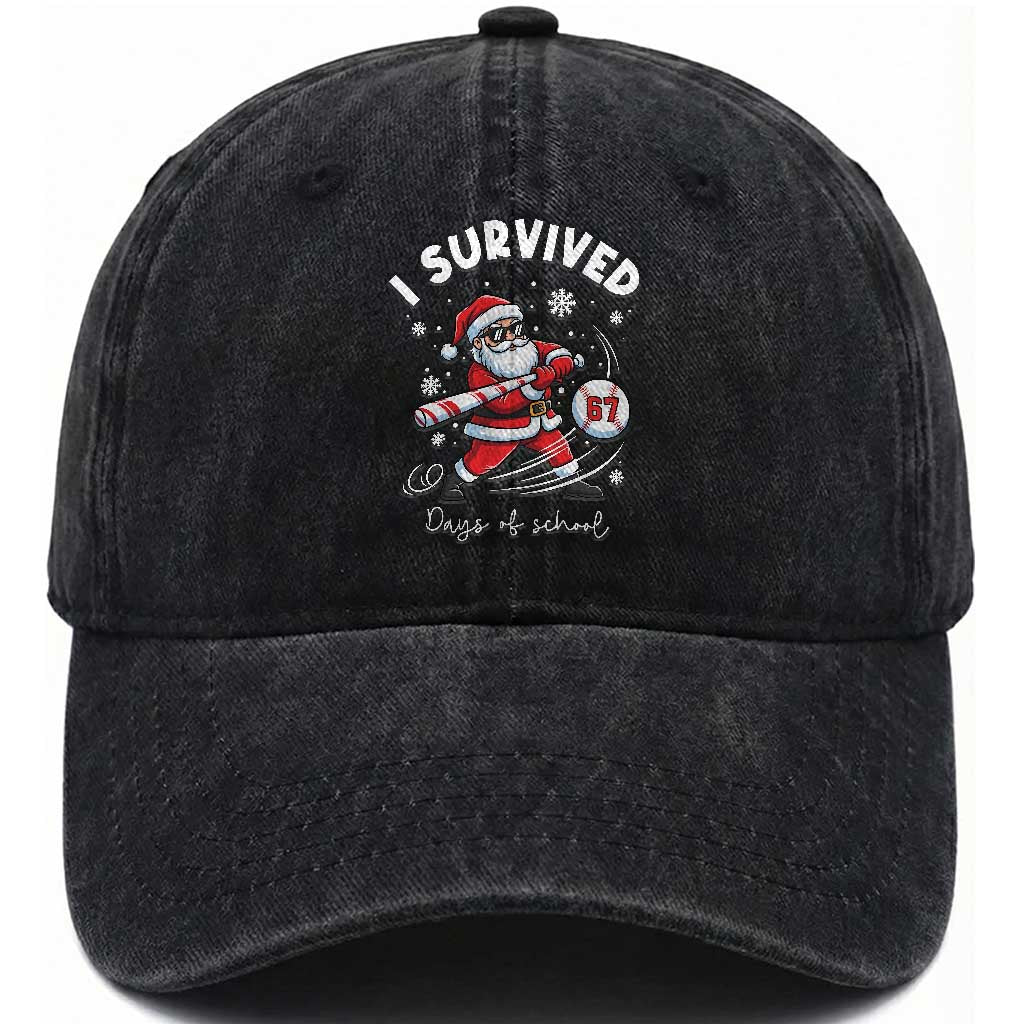 I Survived 67 Days Of School Baseball Santa Washed Cotton Baseball Cap Funny Christmas Six Seven Meme
