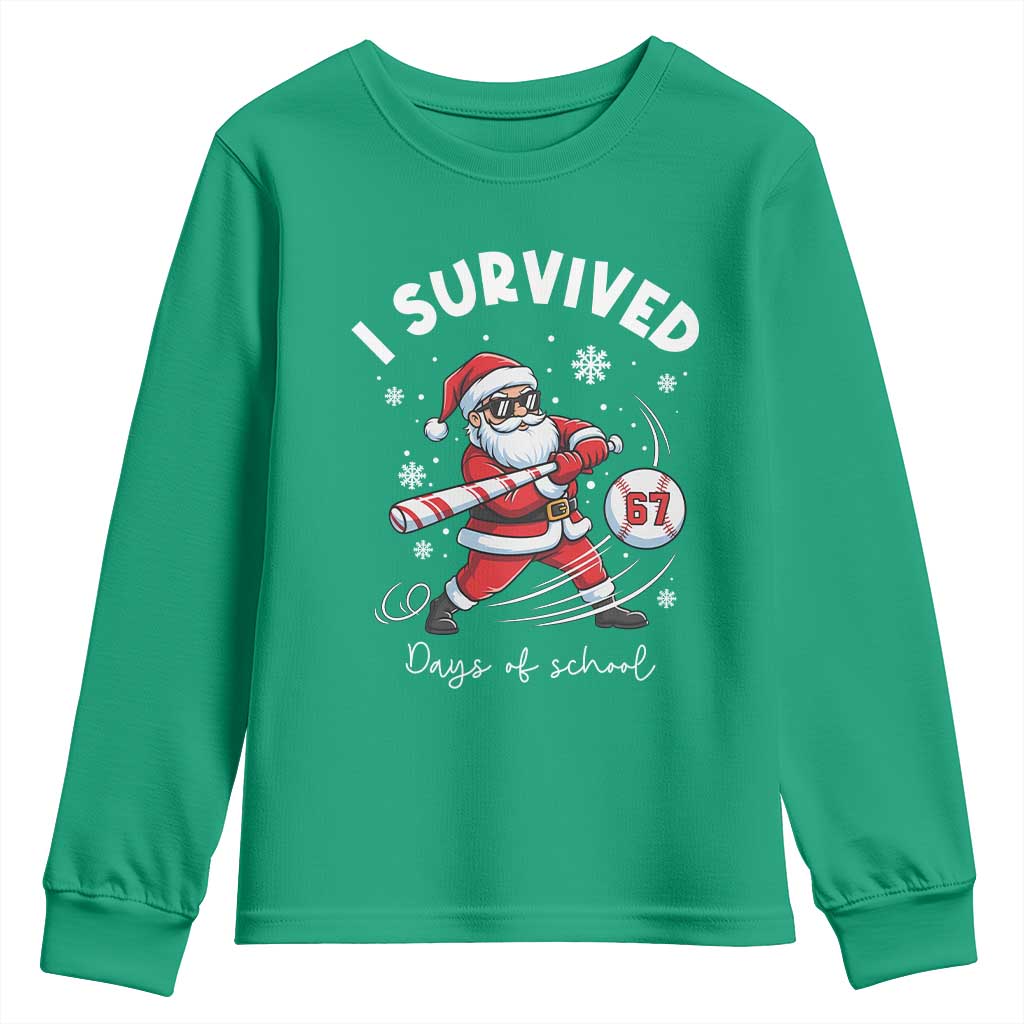I Survived 67 Days Of School Baseball Santa Youth Sweatshirt Funny Christmas Six Seven Meme - Wonder Print Shop