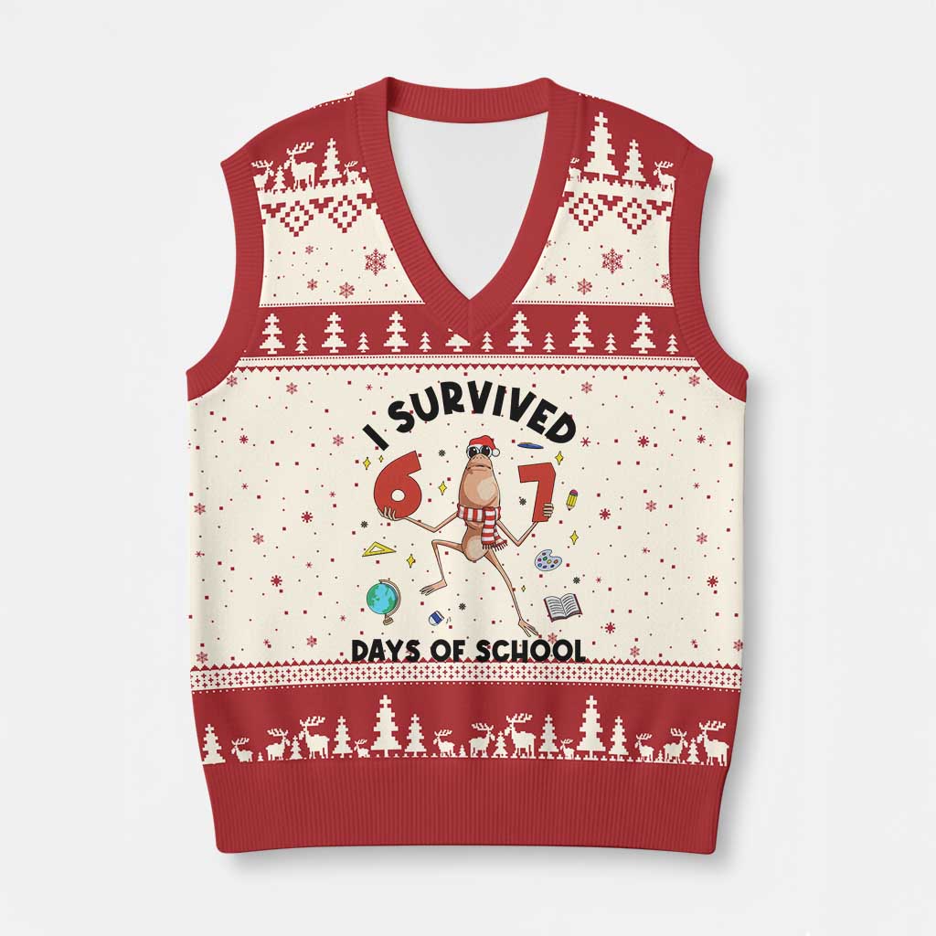 Marcus The Worm 67 Days of School V-Neck Knit Sweater Vest I Survived Funny Six Seven Meme Xmas Vibe - Wonder Print Shop