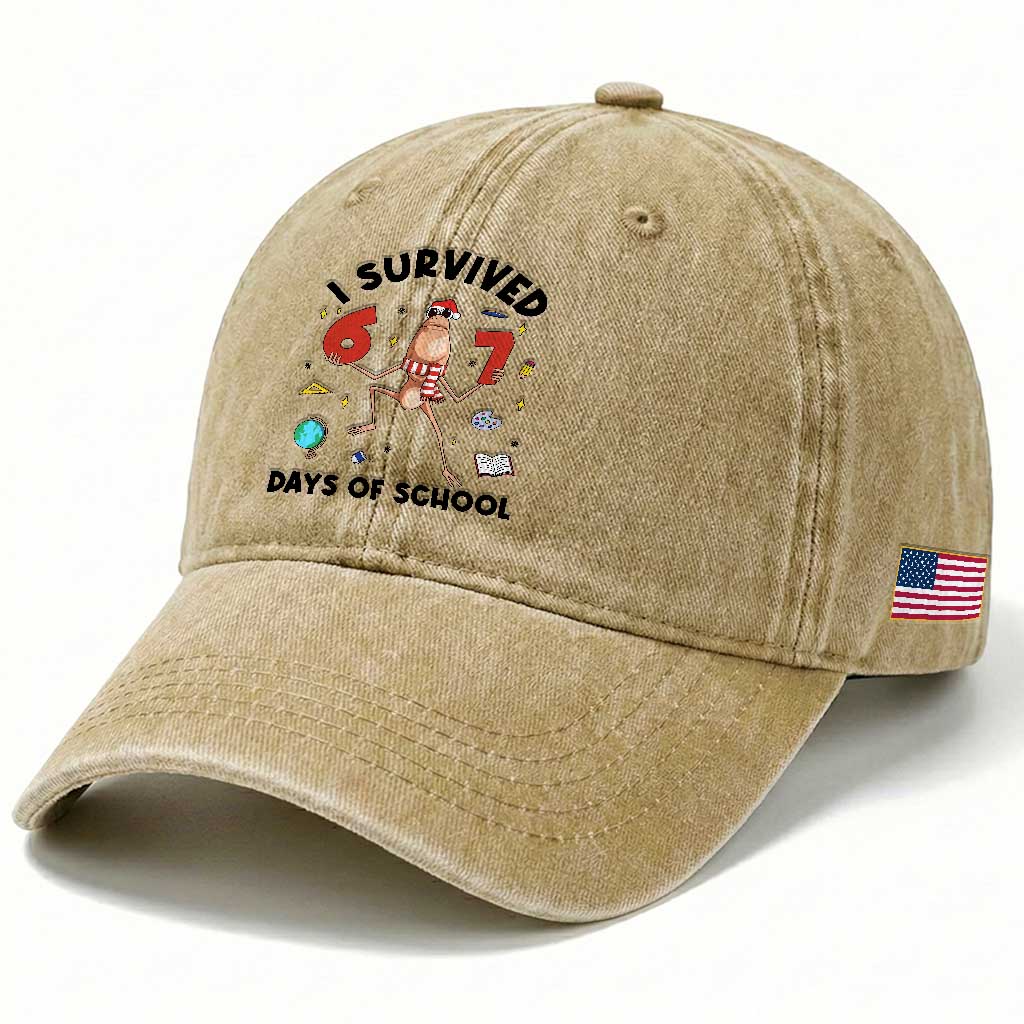 Marcus The Worm 67 Days of School Washed Cotton Baseball Cap I Survived Funny Six Seven Meme Christmas Vibe