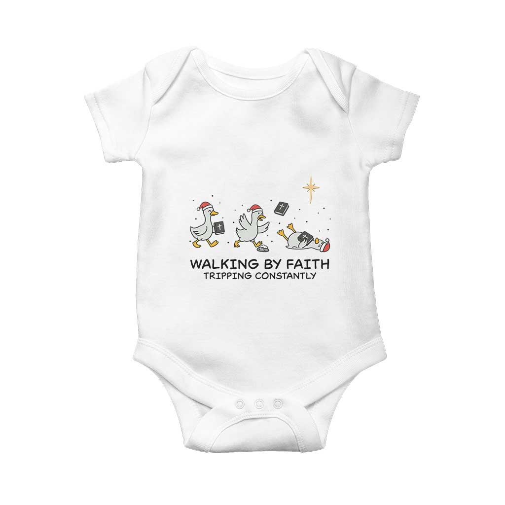 Funny Christian Goose Christmas Baby Onesie Walking By Faith Tripping Constantly - Wonder Print Shop