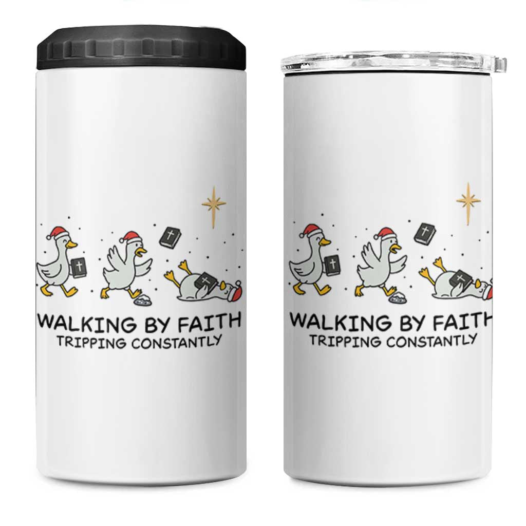 Funny Christian Goose Christmas 4 in 1 Can Cooler Tumbler Walking By Faith Tripping Constantly - Wonder Print Shop