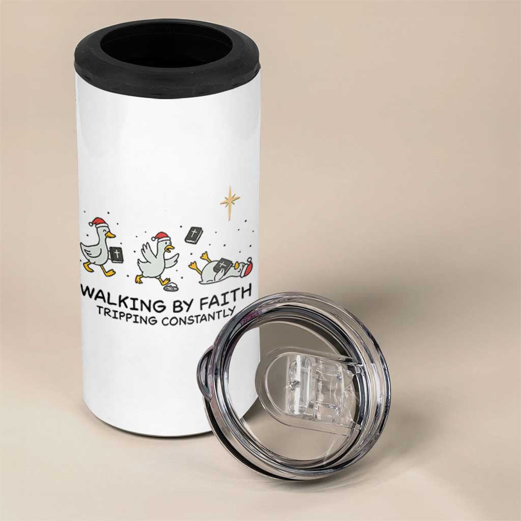 Funny Christian Goose Christmas 4 in 1 Can Cooler Tumbler Walking By Faith Tripping Constantly - Wonder Print Shop