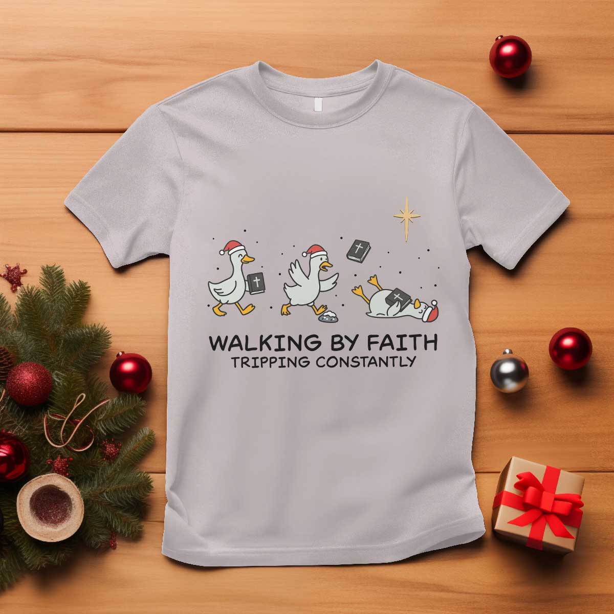 Funny Christian Goose Christmas T Shirt Walking By Faith Tripping Constantly - Wonder Print Shop