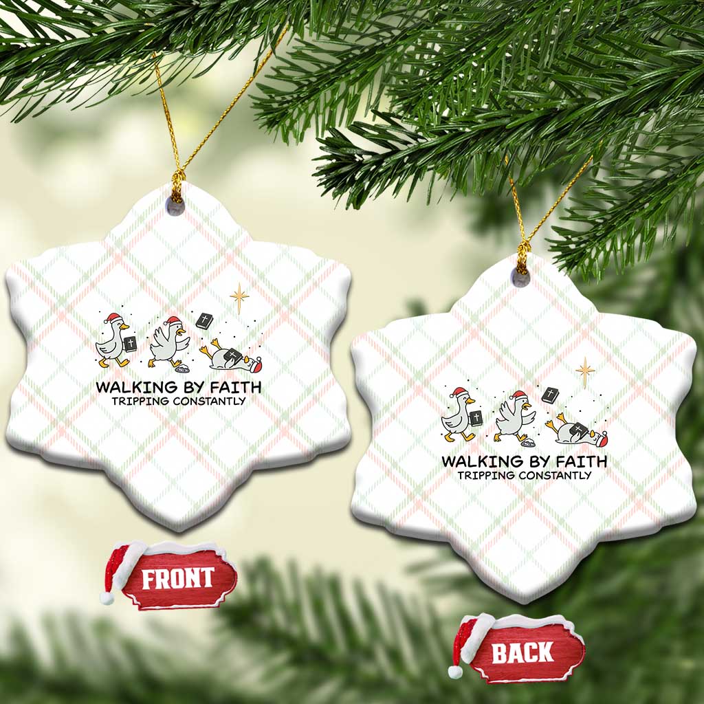 Funny Christian Goose Christmas Ceramic Ornament Walking By Faith Tripping Constantly - Wonder Print Shop