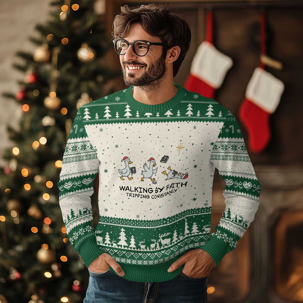 Funny Christian Goose Xmas Ugly Christmas Sweater Walking By Faith Tripping Constantly - Wonder Print Shop