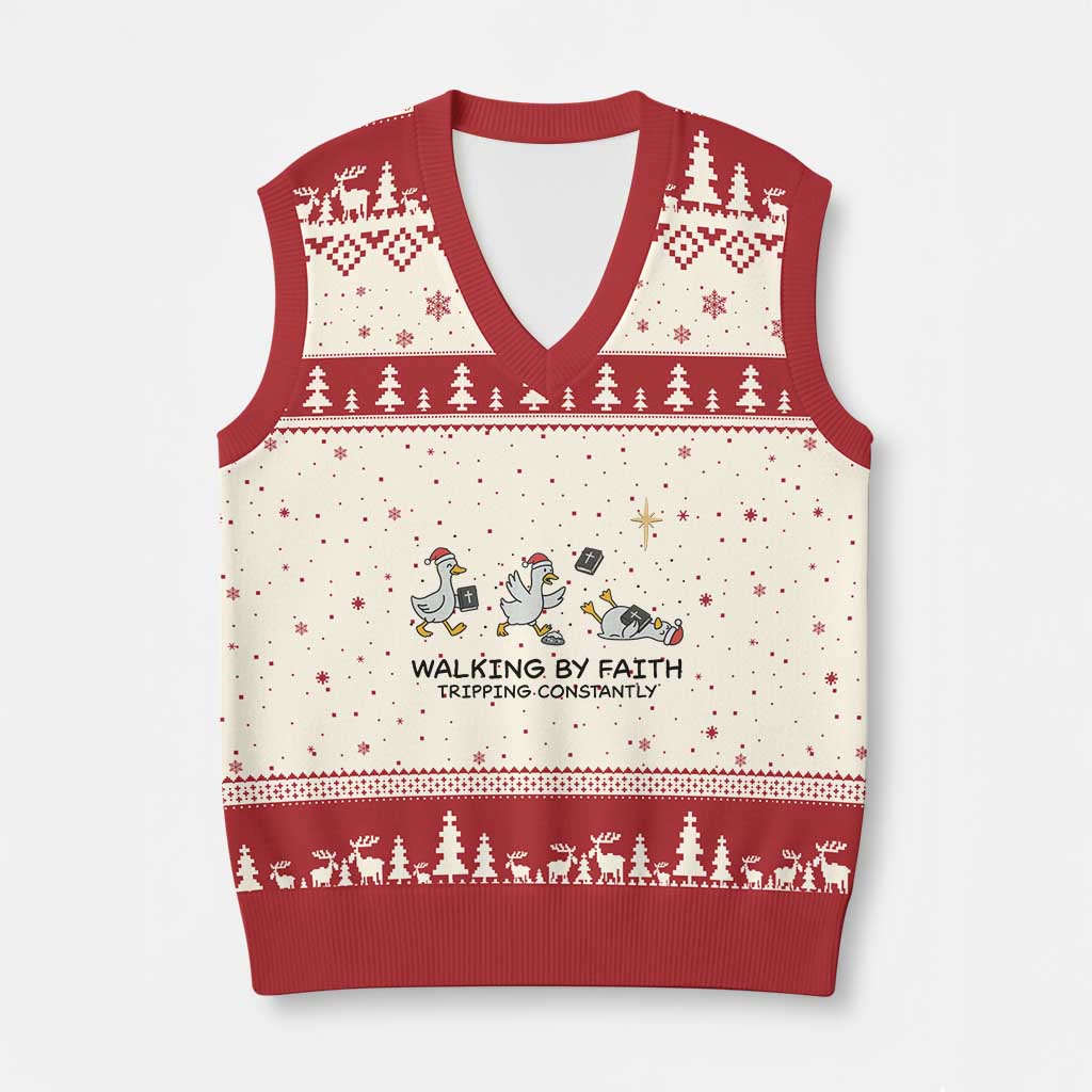 Funny Christian Goose Xmas V-Neck Knit Sweater Vest Walking By Faith Tripping Constantly - Wonder Print Shop