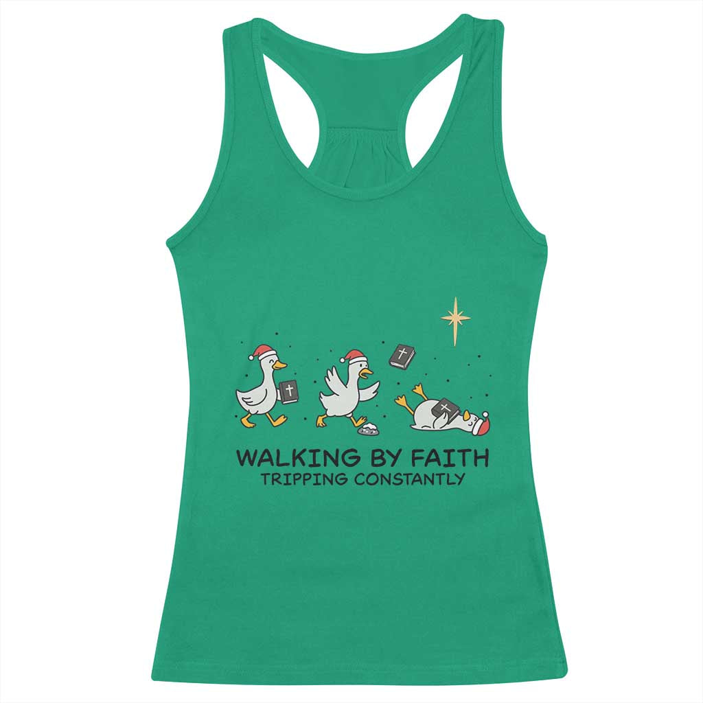 Funny Christian Goose Christmas Racerback Tank Top Walking By Faith Tripping Constantly - Wonder Print Shop