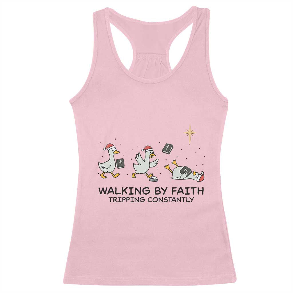 Funny Christian Goose Christmas Racerback Tank Top Walking By Faith Tripping Constantly - Wonder Print Shop
