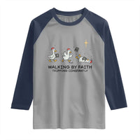 Funny Christian Goose Christmas Raglan Shirt Walking By Faith Tripping Constantly - Wonder Print Shop