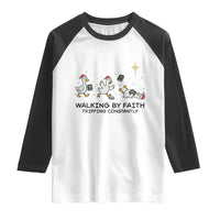 Funny Christian Goose Christmas Raglan Shirt Walking By Faith Tripping Constantly - Wonder Print Shop