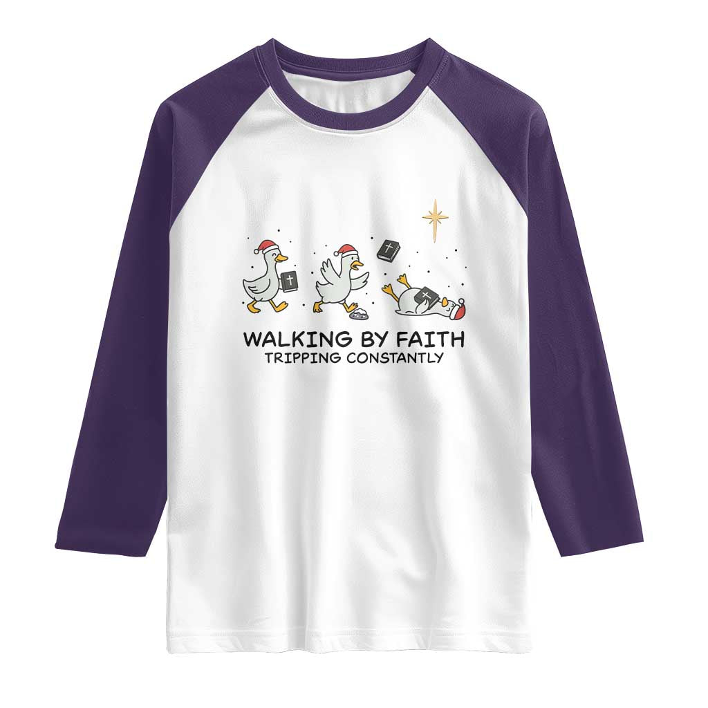 Funny Christian Goose Christmas Raglan Shirt Walking By Faith Tripping Constantly - Wonder Print Shop