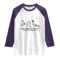 Funny Christian Goose Christmas Raglan Shirt Walking By Faith Tripping Constantly - Wonder Print Shop