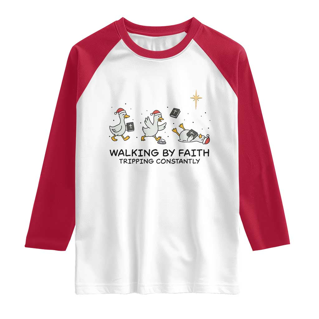 Funny Christian Goose Christmas Raglan Shirt Walking By Faith Tripping Constantly - Wonder Print Shop