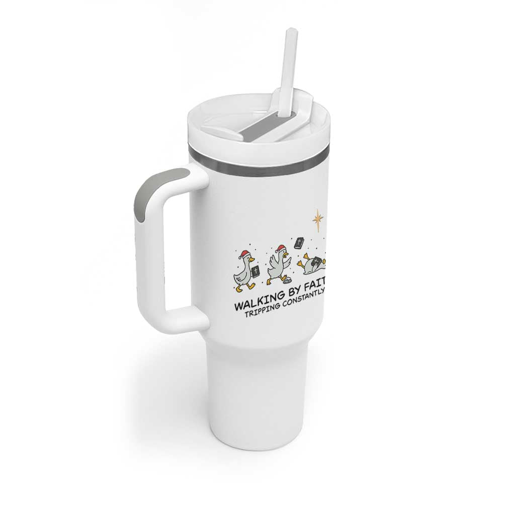 Funny Christian Goose Christmas Tumbler With Handle Walking By Faith Tripping Constantly - Wonder Print Shop
