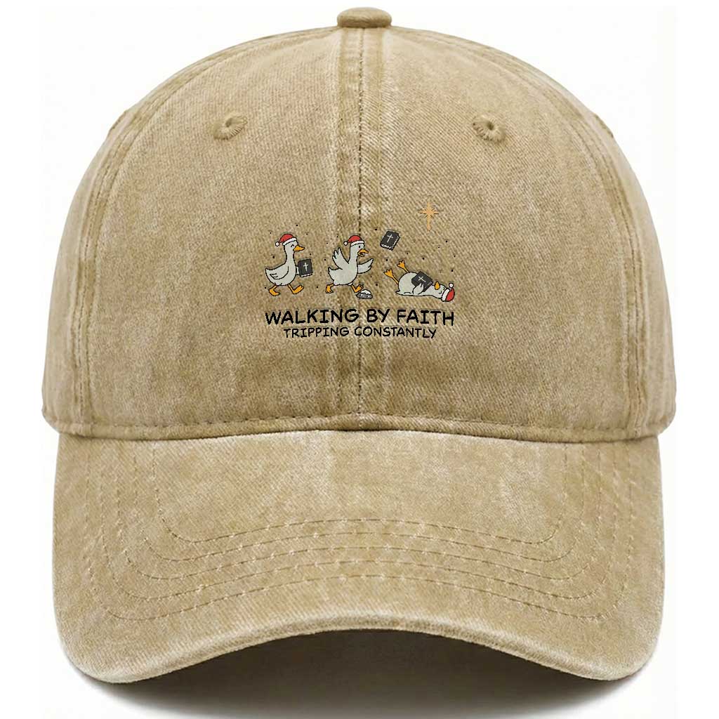 Funny Christian Goose Christmas Washed Cotton Baseball Cap Walking By Faith Tripping Constantly