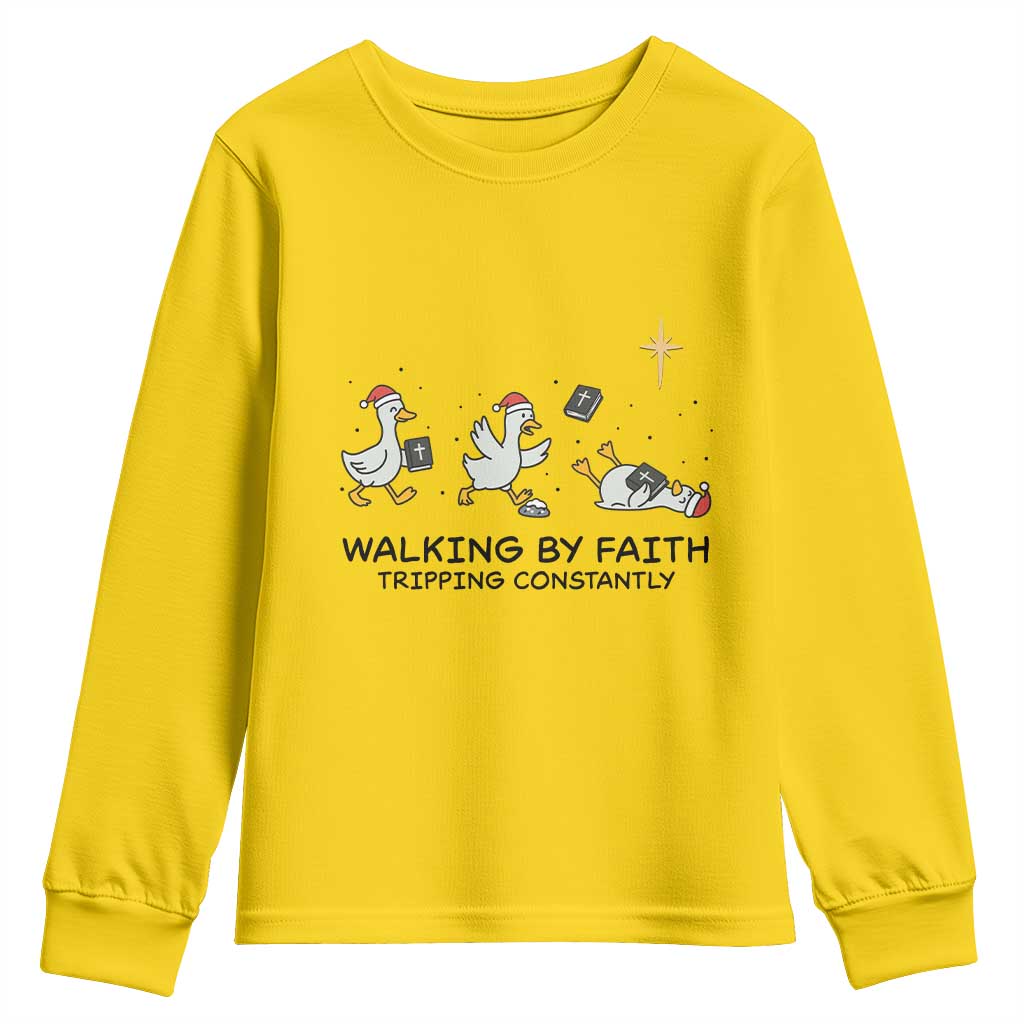 Funny Christian Goose Christmas Youth Sweatshirt Walking By Faith Tripping Constantly - Wonder Print Shop