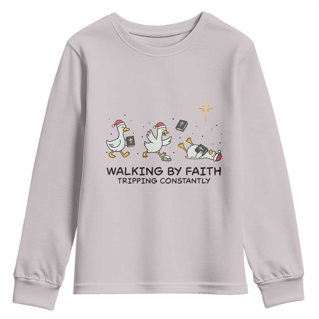 Funny Christian Goose Christmas Youth Sweatshirt Walking By Faith Tripping Constantly - Wonder Print Shop