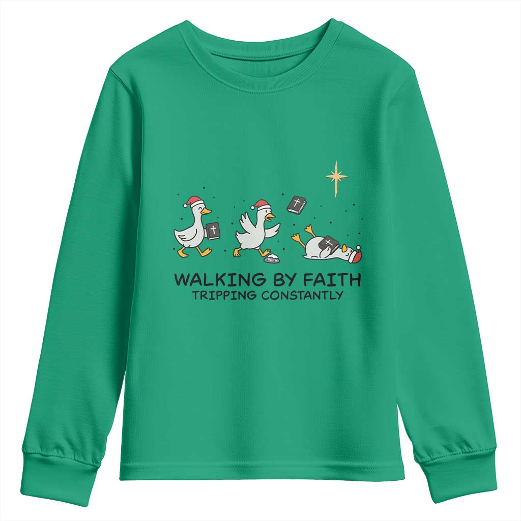 Funny Christian Goose Christmas Youth Sweatshirt Walking By Faith Tripping Constantly - Wonder Print Shop