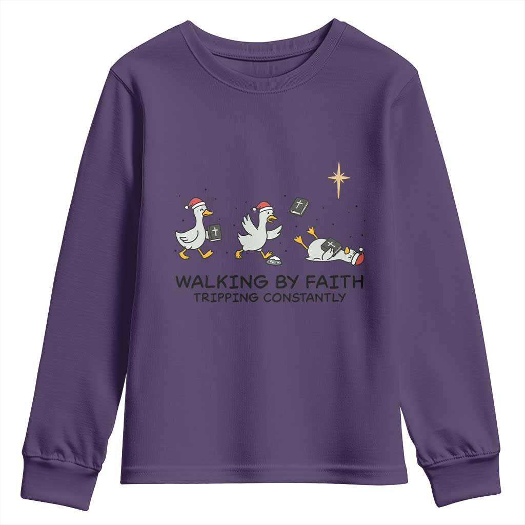 Funny Christian Goose Christmas Youth Sweatshirt Walking By Faith Tripping Constantly - Wonder Print Shop