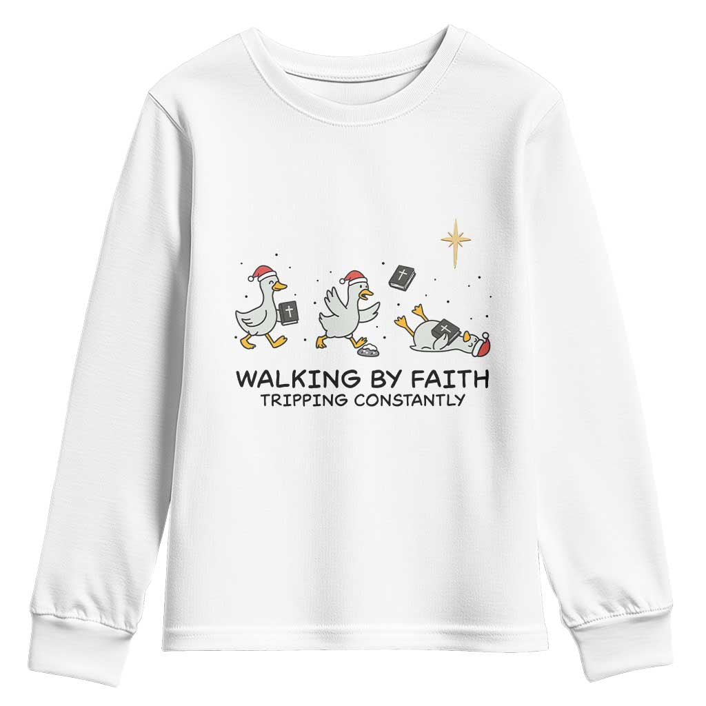 Funny Christian Goose Christmas Youth Sweatshirt Walking By Faith Tripping Constantly - Wonder Print Shop